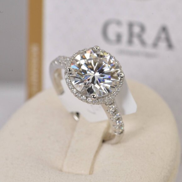 GRA Certified Double Halo 6.8ct Brilliant Round Cut Moissanite Ring 925 Sterling - Picture 3 of 6